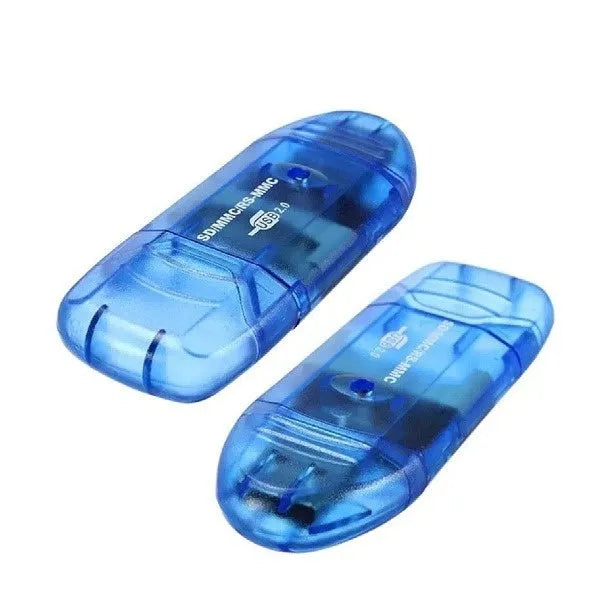 Transparent USB card reader with LED light showing internal components and memory card slots