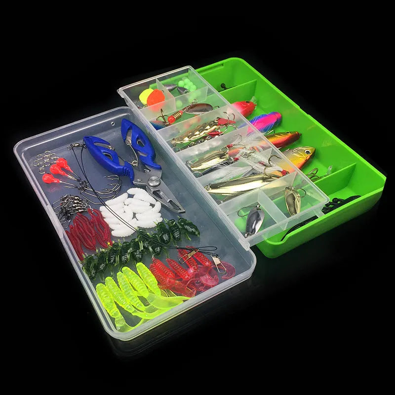 Multifunctional swimming fishing lure set in box with plastic bodies and high carbon steel hooks, 370g net weight