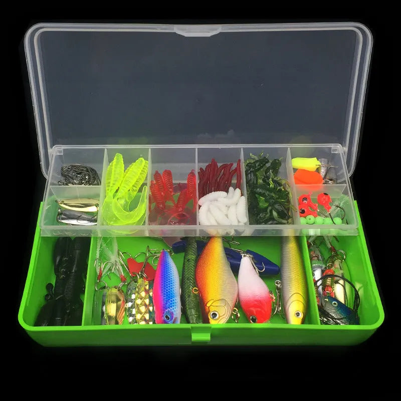 Multifunctional swimming fishing lure set in box with plastic bodies and high carbon steel hooks, 370g net weight