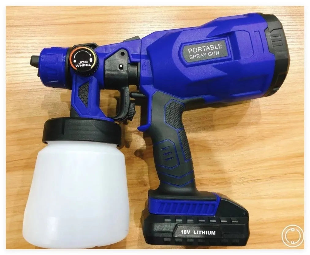Blue cordless automatic paint spray gun with a large water can, showing its nozzle and battery compartment.