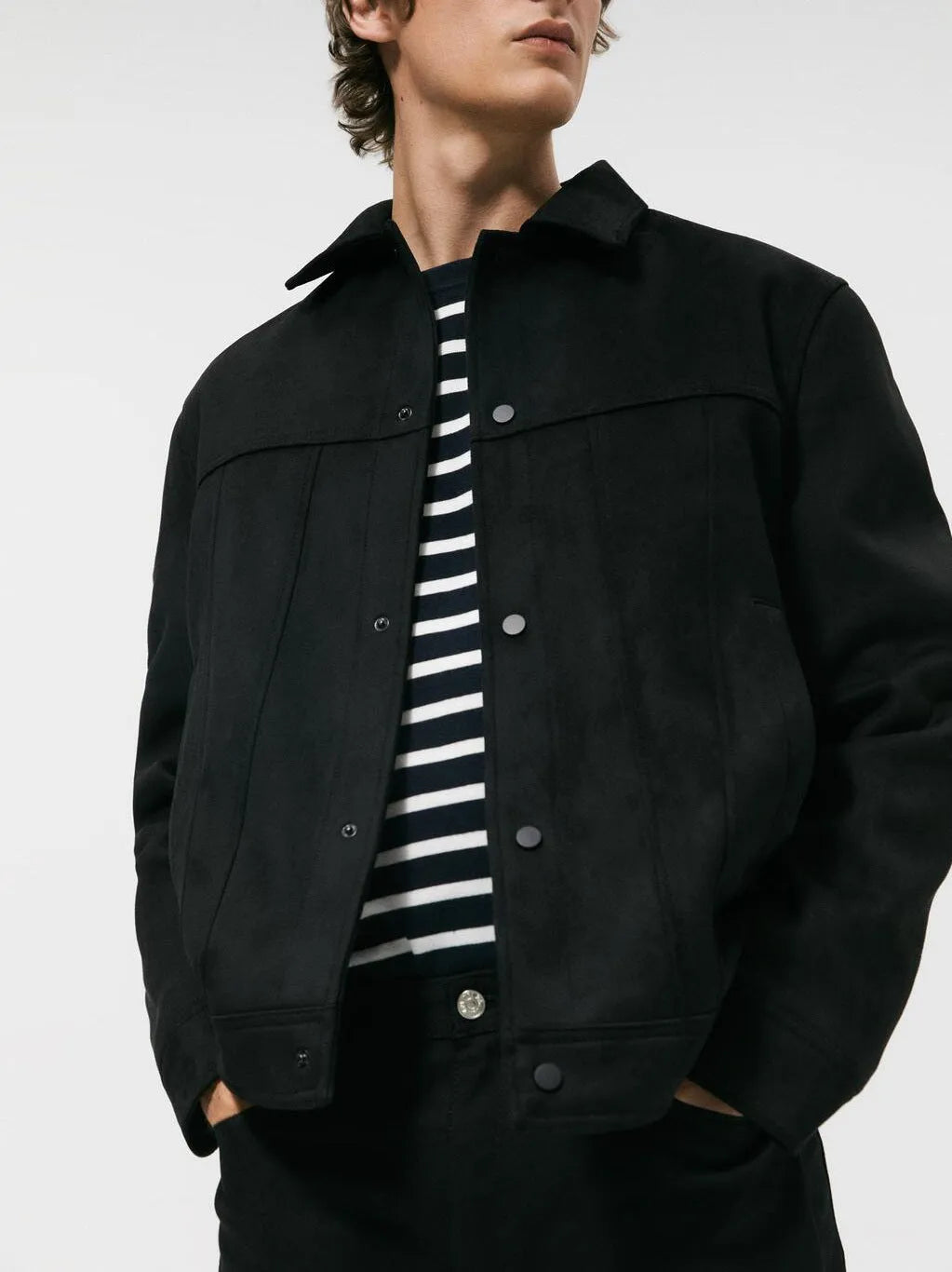 Men's black hooded jacket with suede collar in regular fit for spring leisure wear