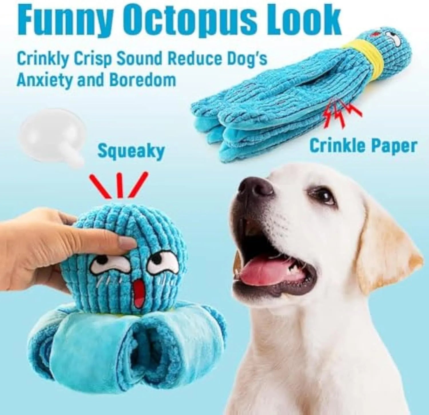 Plush octopus squeaky dog toy with crinkle fabric in blue colour for small dogs