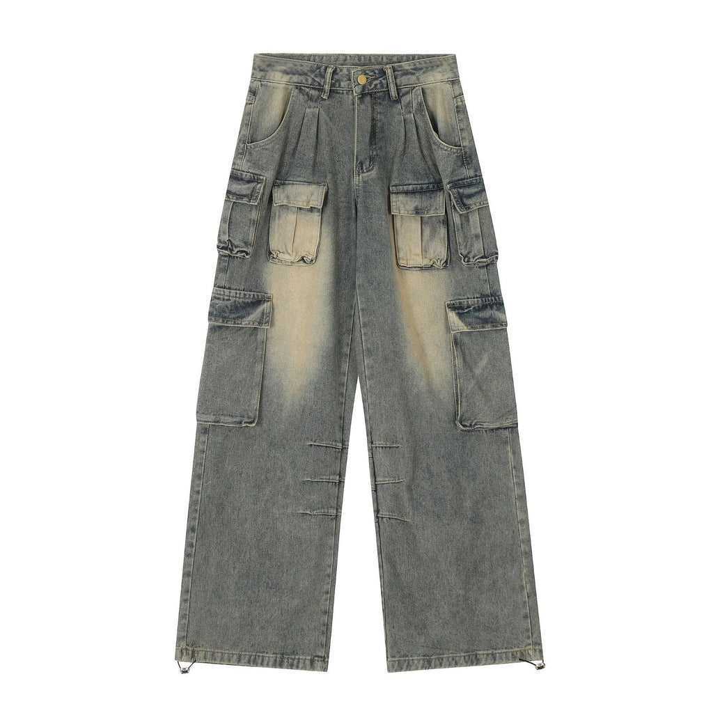 Men's loose fit jeans with multiple pockets in light blue washed distressed denim, street style straight leg