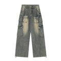 Men's loose fit jeans with multiple pockets in light blue washed distressed denim, street style straight leg