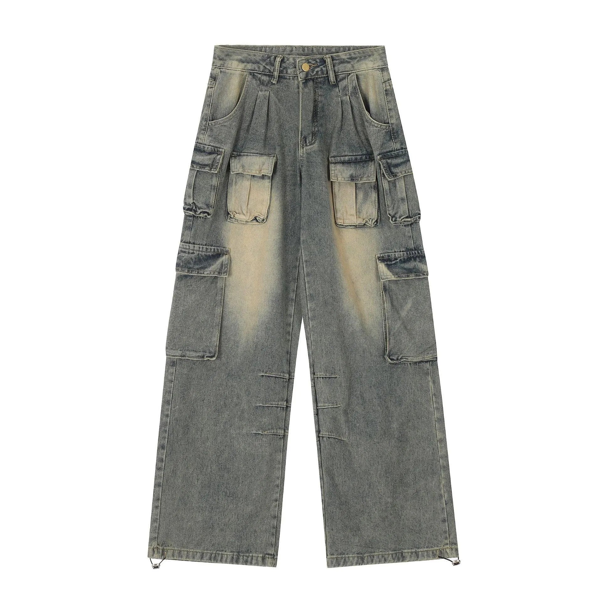 Men's loose fit jeans with multiple pockets in light blue washed distressed denim, street style straight leg