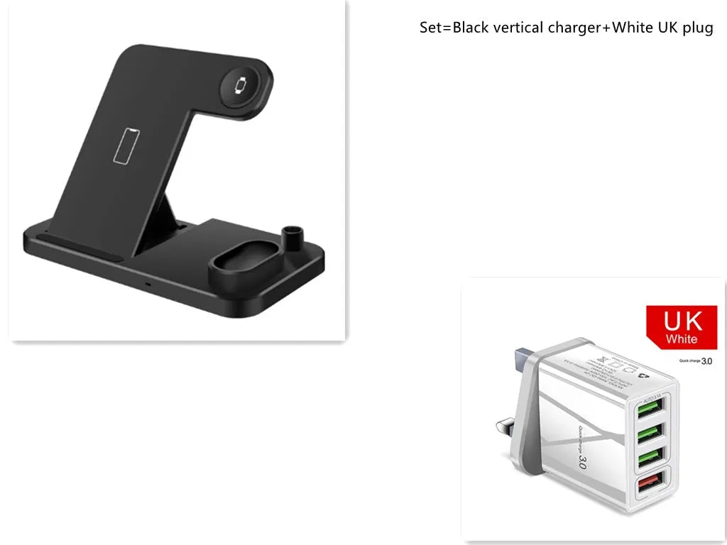 4-in-1 wireless charging station with adjustable stand charging iPhone, Apple Watch, and AirPods