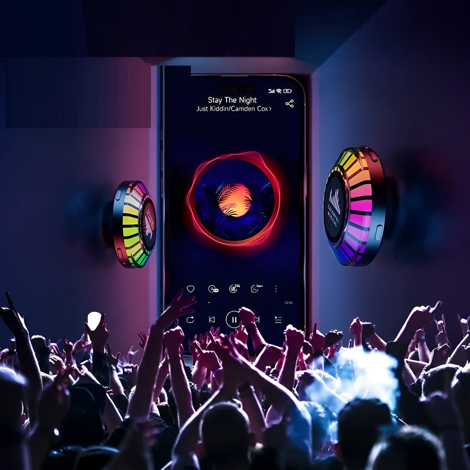 Small square voice-controlled Bluetooth atmosphere lamp with polar light effects on a surface.