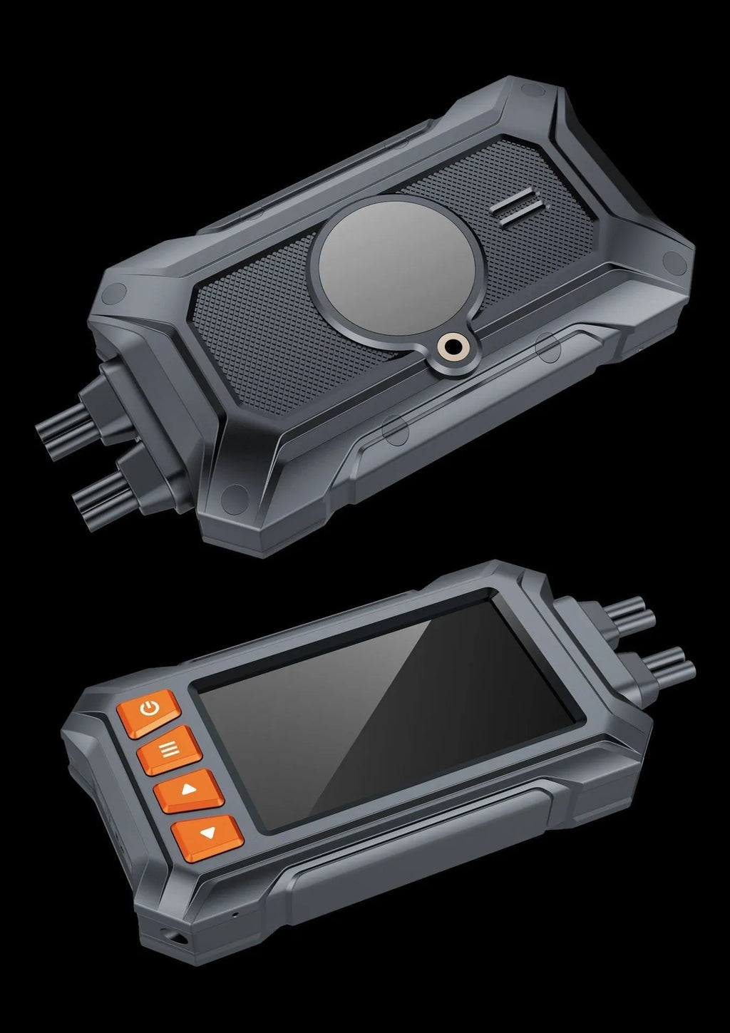 Motorcycle dash cam with dual lenses showing front and rear recording capability with GPS module