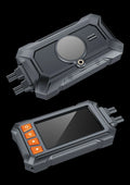 Motorcycle dash cam with dual lenses showing front and rear recording capability with GPS module