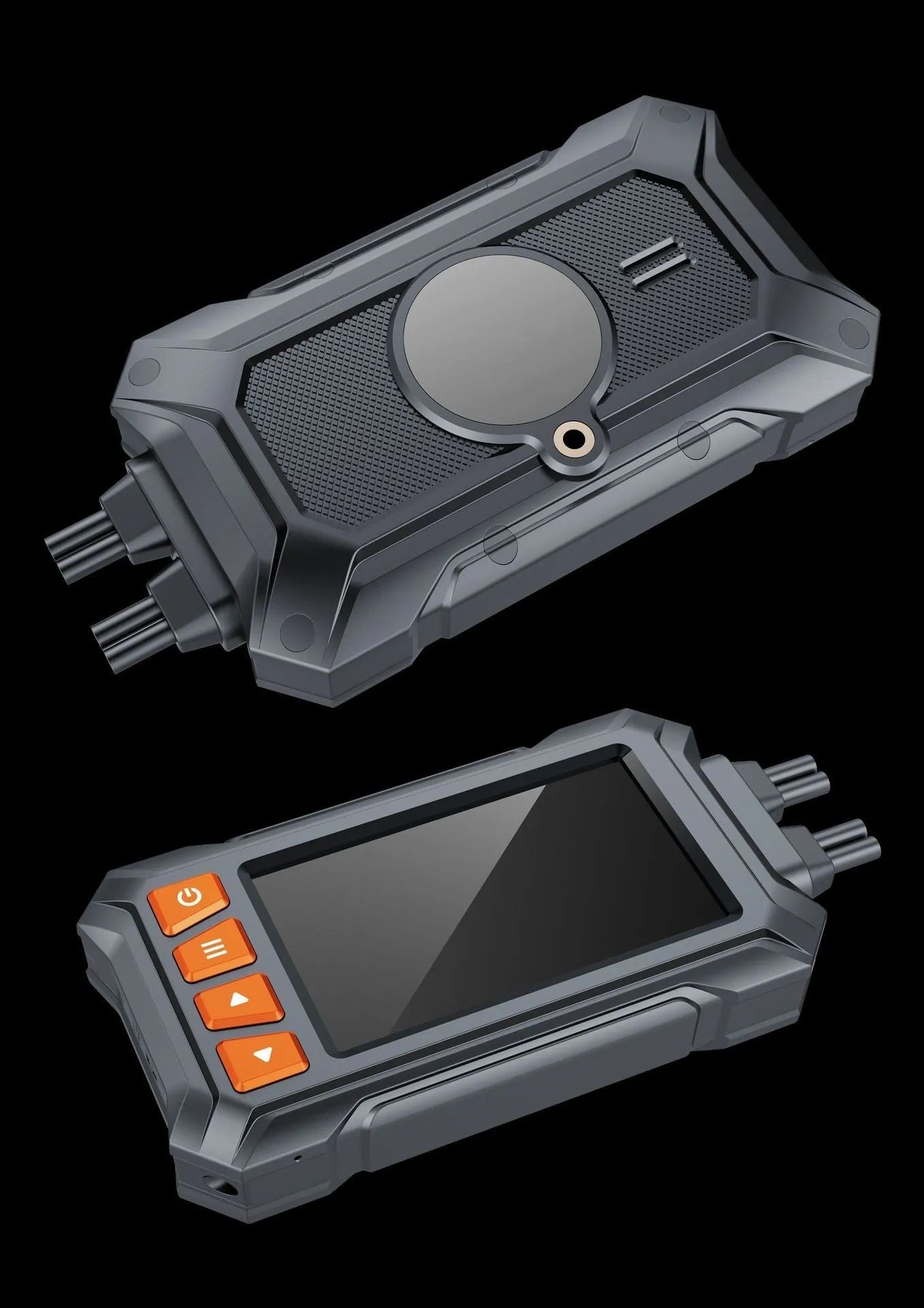 Motorcycle dash cam with dual lenses showing front and rear recording capability with GPS module