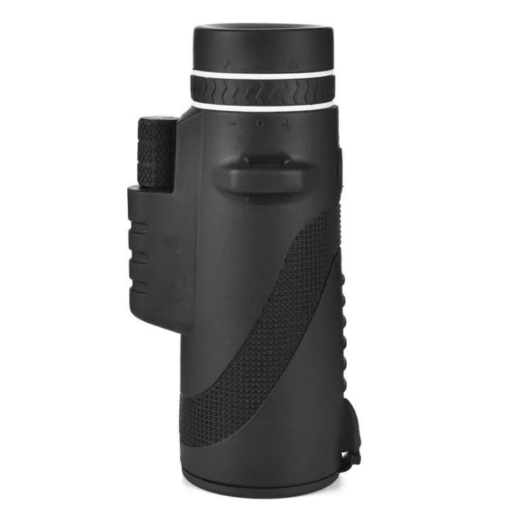 Black monocular telescope with 60mm lens for smartphones showing 40x magnification and waterproof design