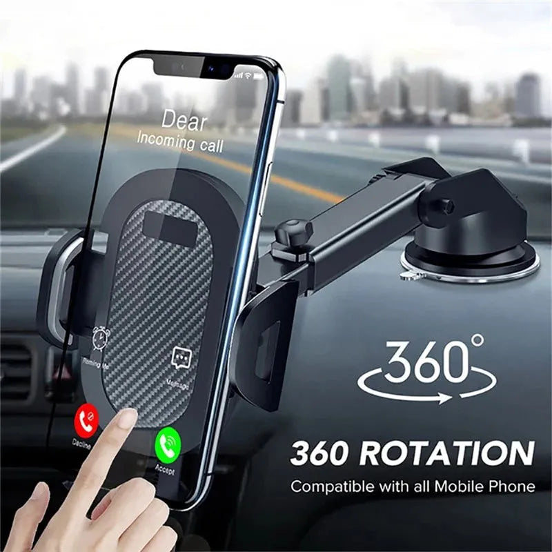 Black car phone holder with suction cup base and adjustable EVA foam cradle for 4.0-7.0 inch mobile phones