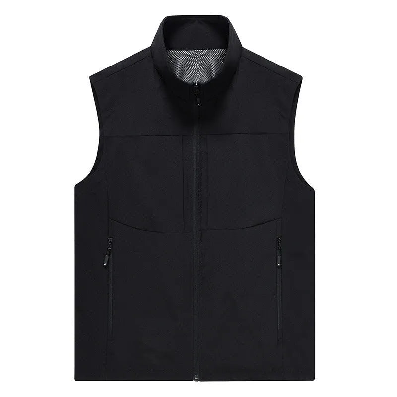 Men's loose fit stand collar polyester cardigan vest in khaki colour with zippered pockets.