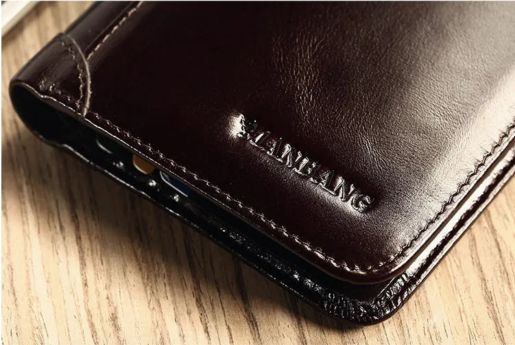 Men's leather wallet showing multiple compartments including banknote folder and card slots