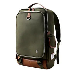 Korean-style men's Oxford cloth backpack in Army Green, showing its large capacity and dimensions.