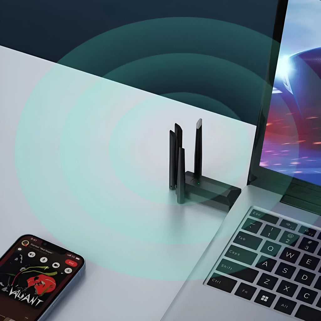 Black USB network transmitter with four antennas for computer signal coverage