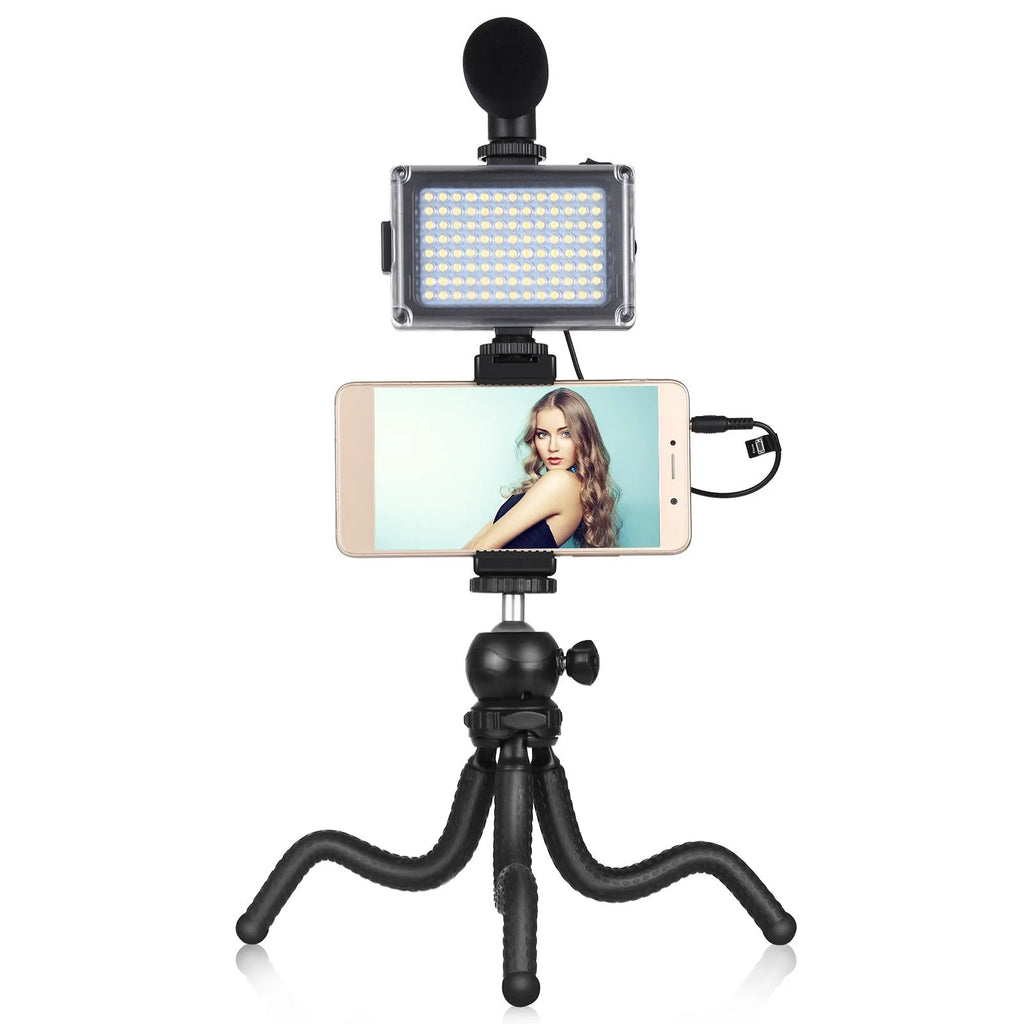 Black octopus tripod kit with flexible legs, fill light, and microphone for iPhone live streaming