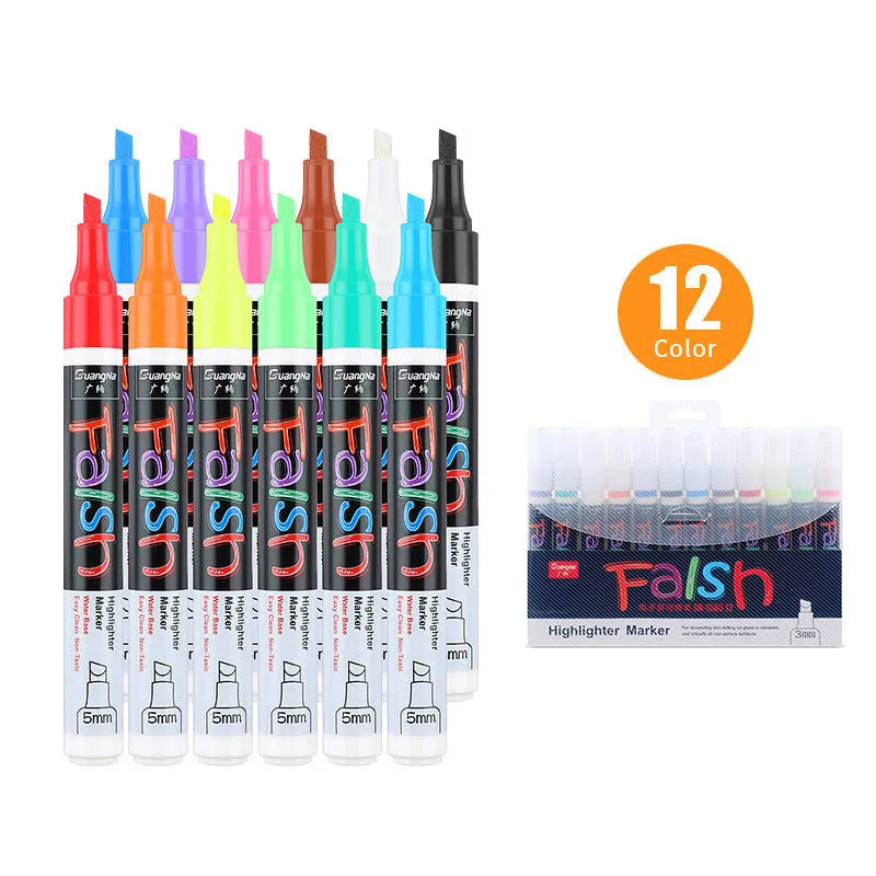 Electronic fluorescent plate highlighter with plastic shell, oblique pen shape, and 6mm tip in multiple colour options