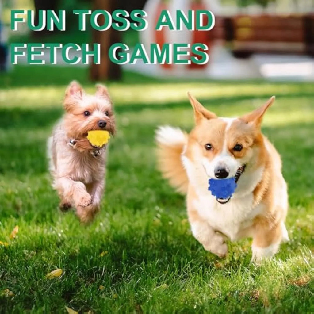 Blue, green, pink, and yellow squeaky dog balls with a spiky texture and paw print dimples.