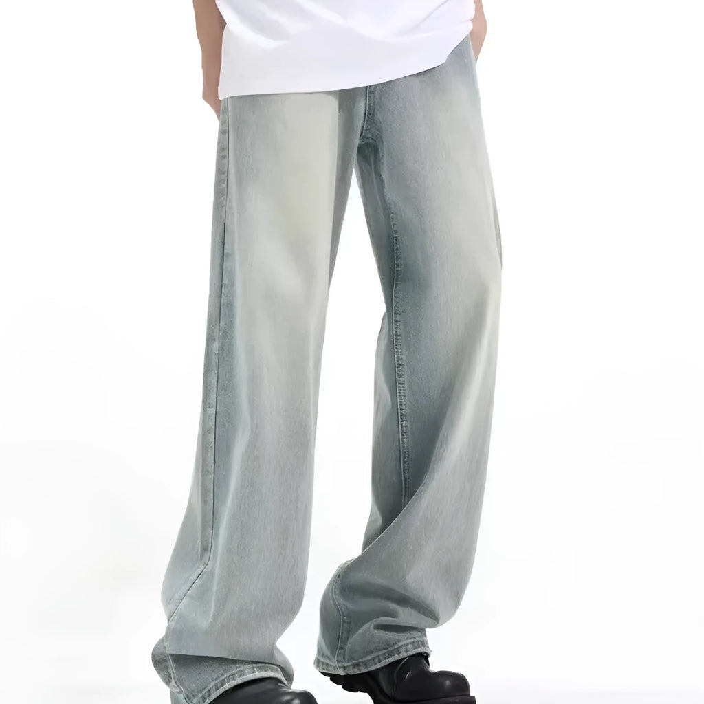 Blue retro trousers with loose fit and rabbit fur fabric composition on size chart