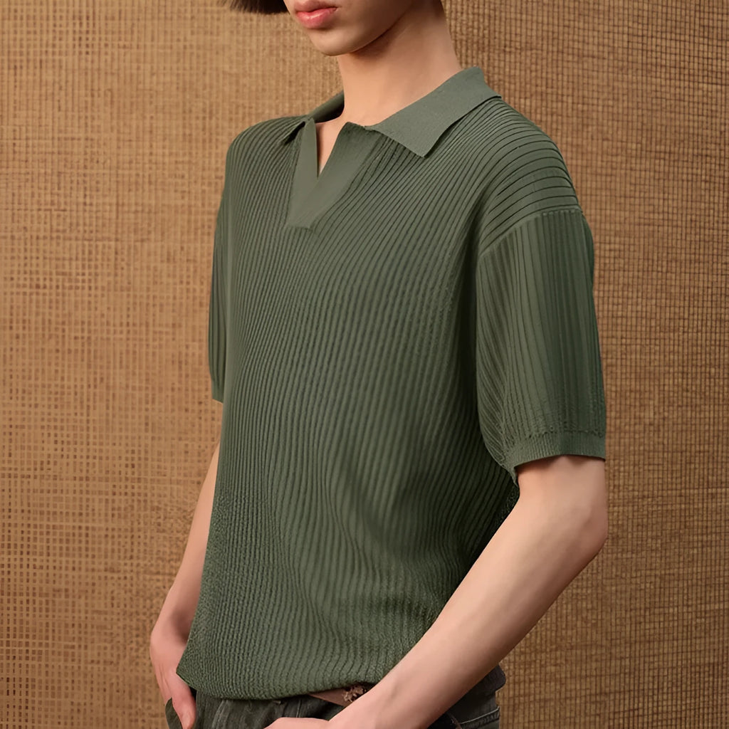 Men's creamy white short sleeve polo shirt with stripes and a loose casual fit.