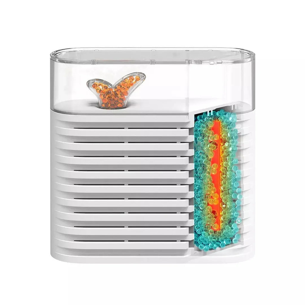 White recyclable cabinet dehumidifier with transparent cover showing colour-changing beads