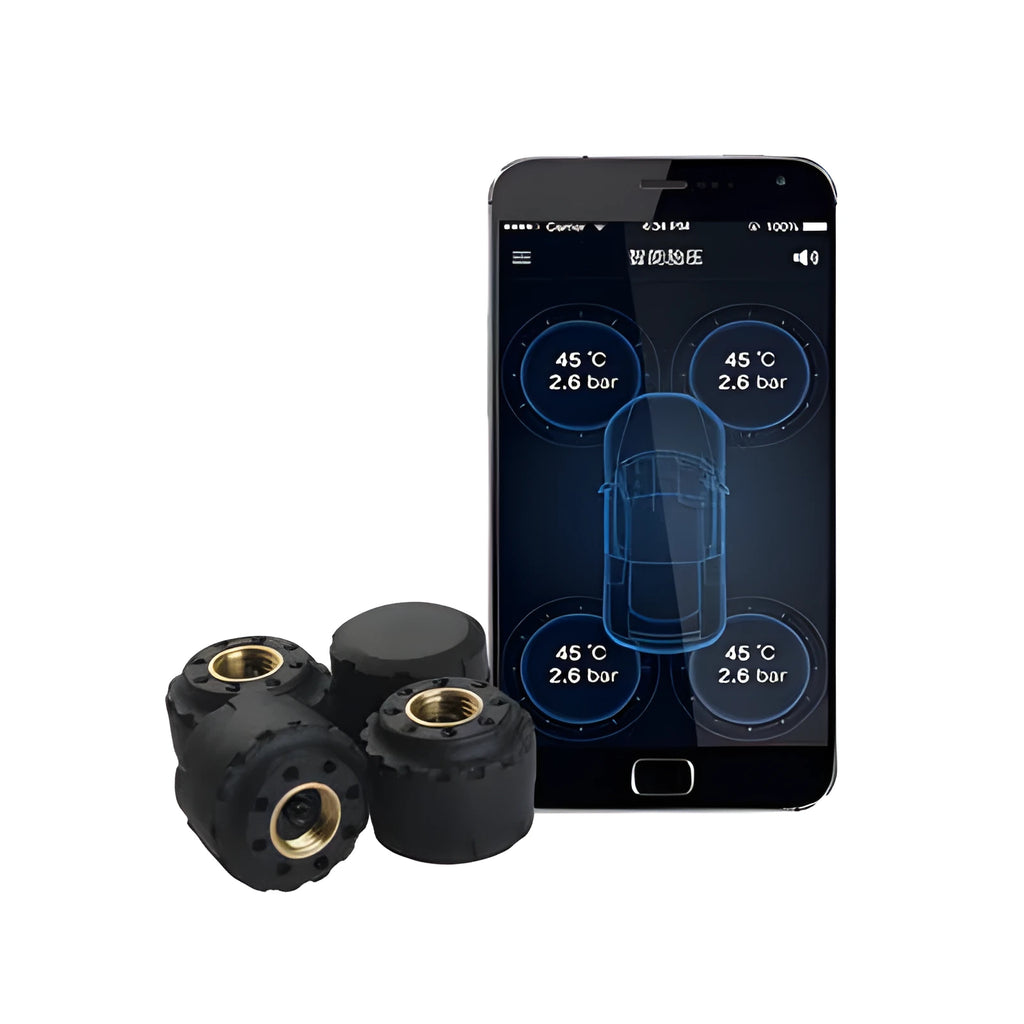 Bluetooth wireless tyre pressure monitoring system with external sensor and smartphone app display showing pressure and temperature