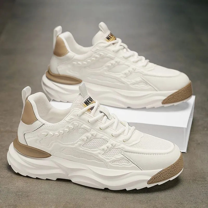 Men's solid colour PU mesh casual trainers in black or white on a white background.