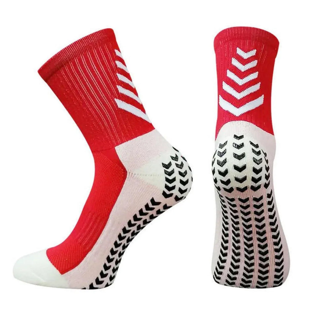 Men's mid-calf athletic socks with geometric patterns and non-slip silicone grip