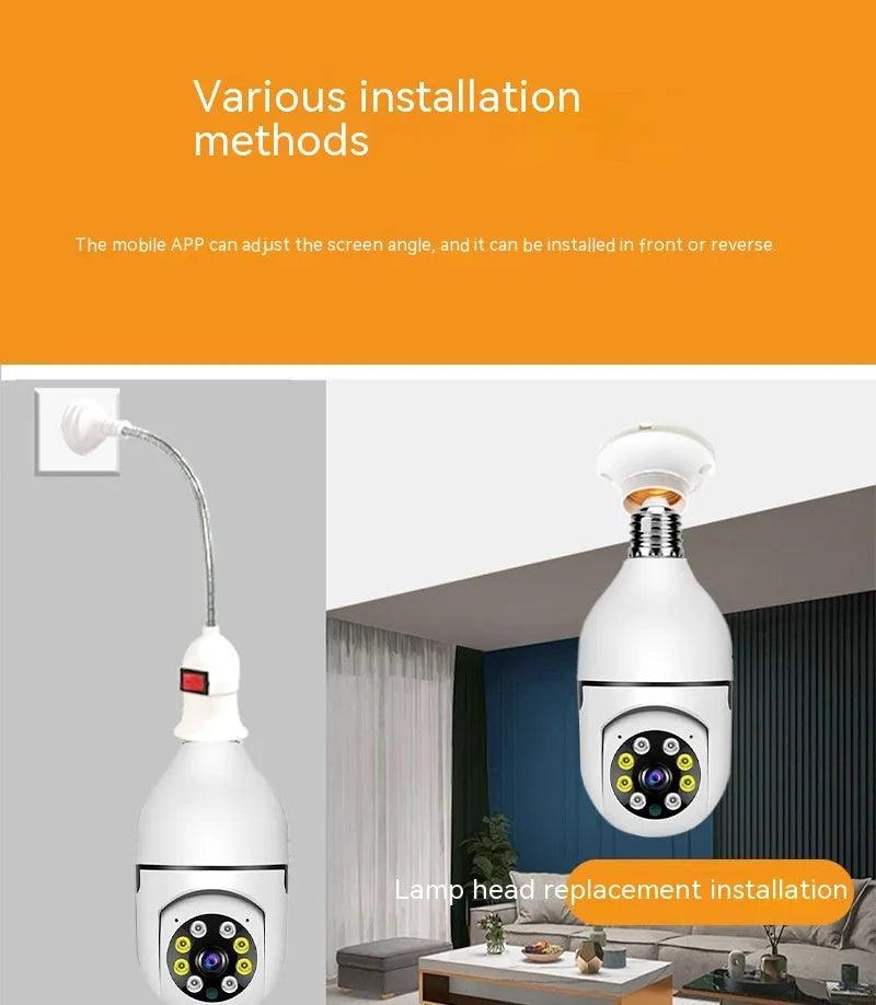 White wireless bulb security camera showing dimensions of 5cm by 12cm for indoor and outdoor use.