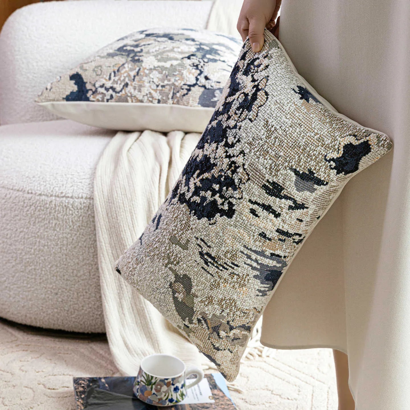 French style antique blue decorative pillow with abstract plants and flowers pattern in two size options