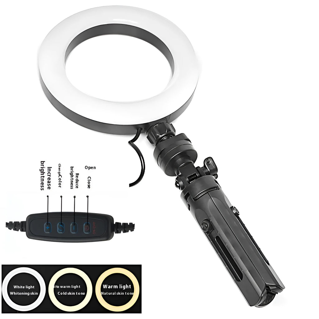 Black universal mobile phone bracket with adjustable fill light on a desktop tripod for live streaming.