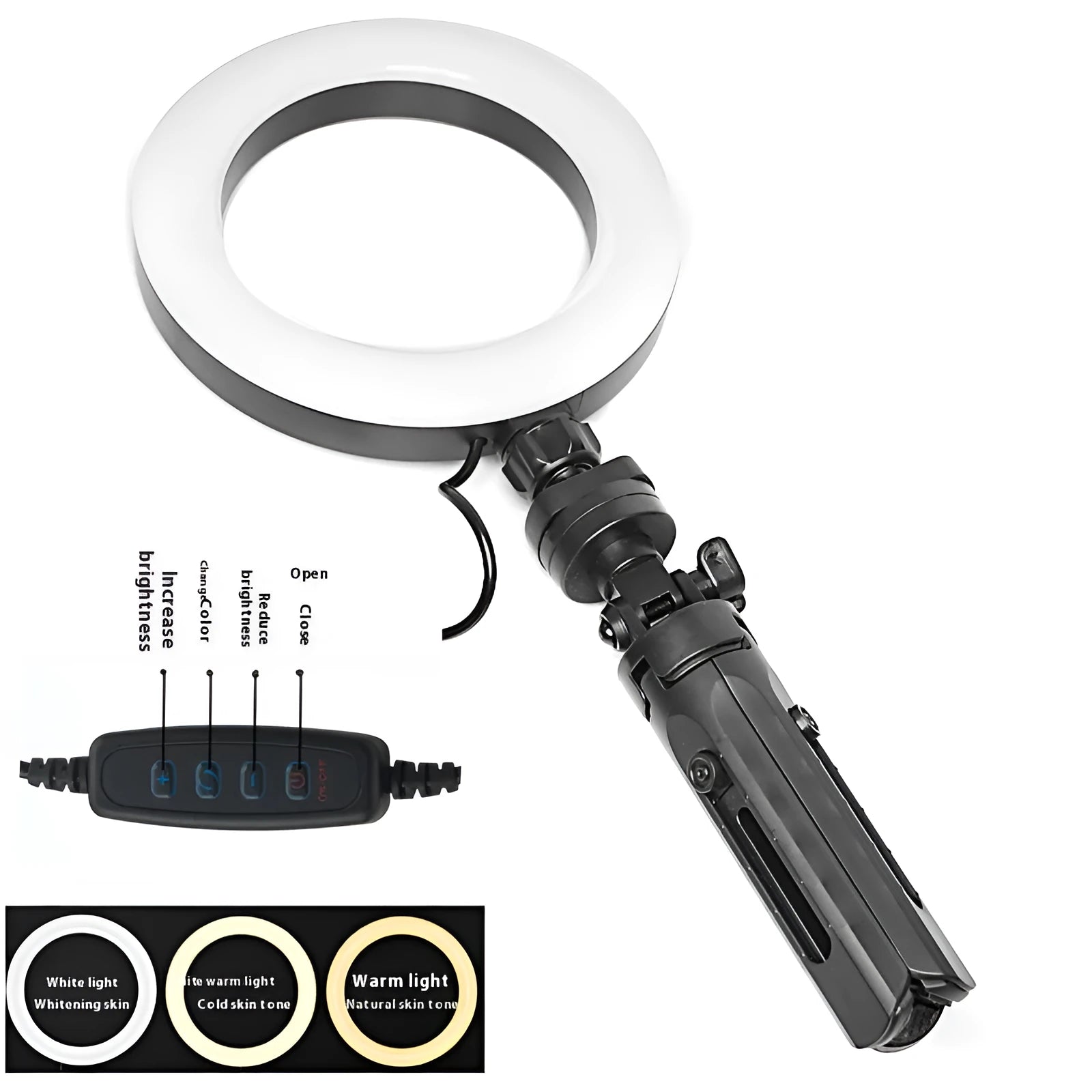 Black universal mobile phone bracket with adjustable fill light on a desktop tripod for live streaming.