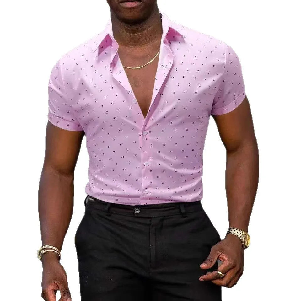 Light blue men's short-sleeved shirt with a floral print, showing the cardigan-style front and stretch fabric.