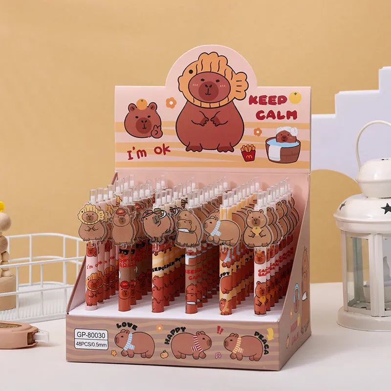 48 cartoon bear design gel pens with plastic shells and carbon black ink in a box