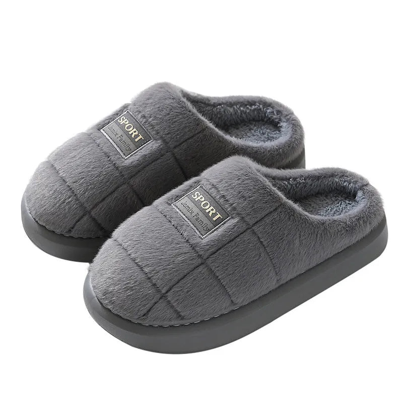 Men's plaid pattern rabbit hair winter slippers with thick EVA sole shown in grey colour