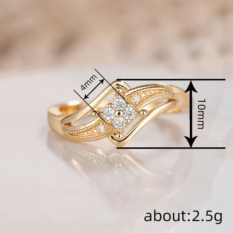 Yellow gold copper diamond ring with micro inlaid zircon stones and geometric line design