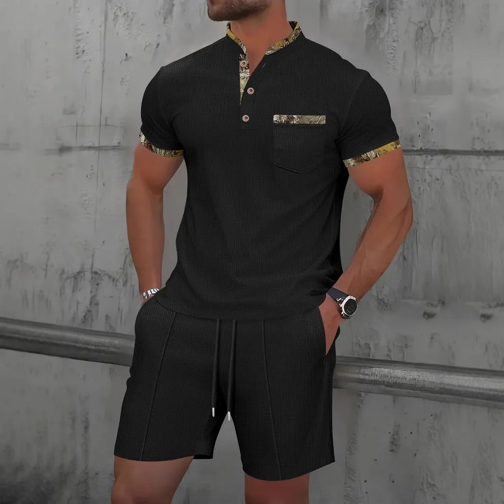 Men's gray cotton blend zipper polo collar short sleeve suit with matching shorts for summer