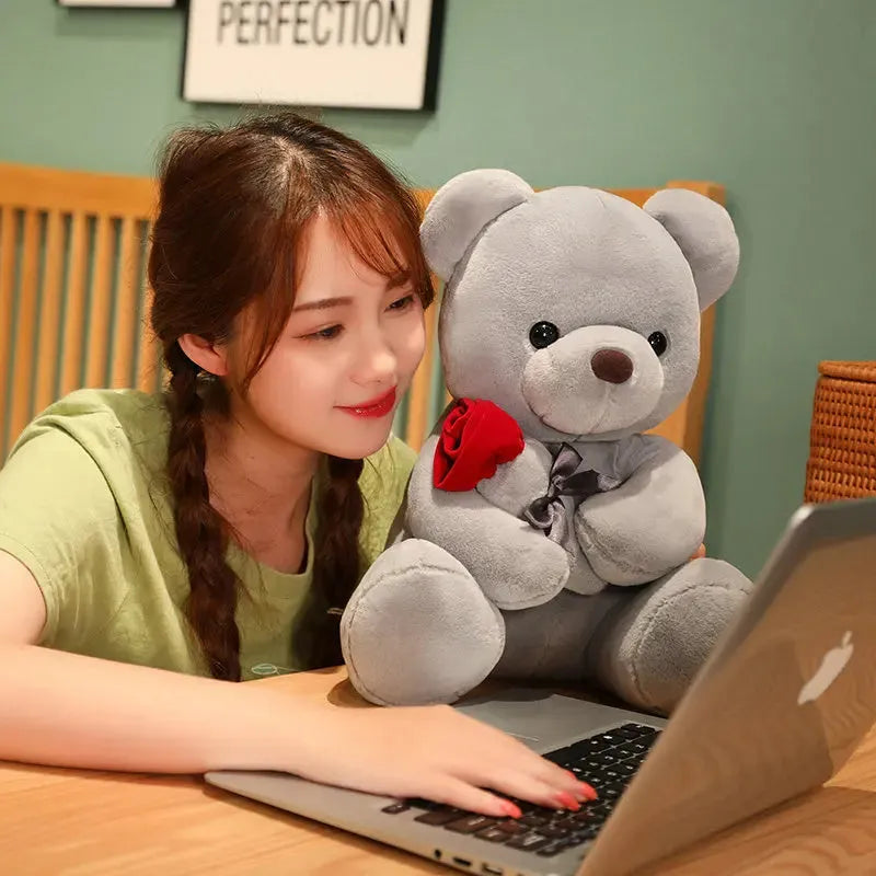 Lovely hug roses teddy bear plush pillow stuffed animal doll in brown, beige or grey colours