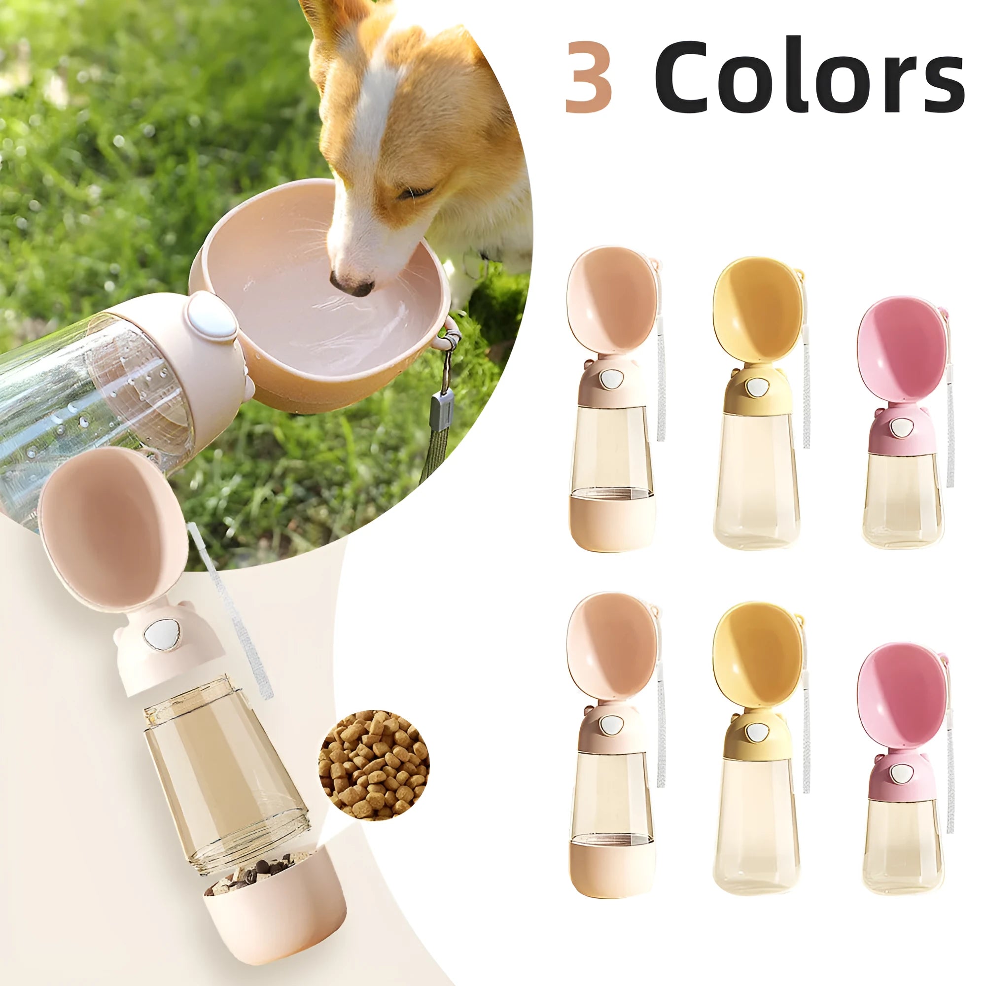 Portable dog water bottle and food container feeder bowl for travel in brown pink yellow colour options