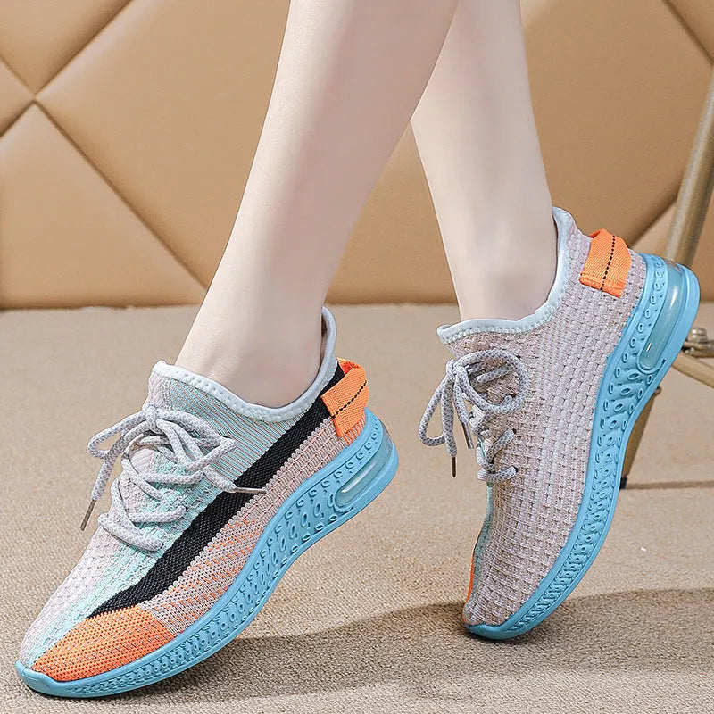 Women's casual lightweight running shoes in black, orange, or purple with round toe and lace-up design