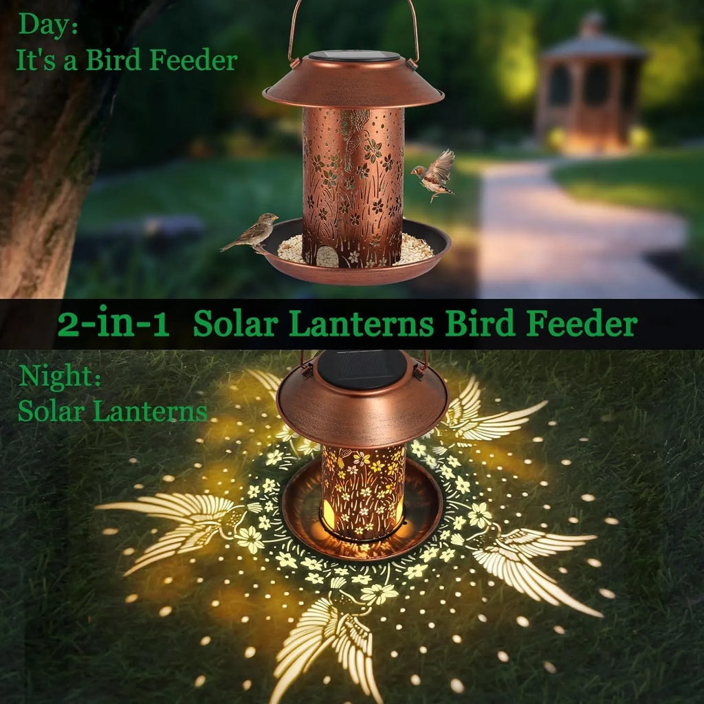 Solar-powered hummingbird-shaped iron art lamp feeder for outdoor gardens with bird feeding function