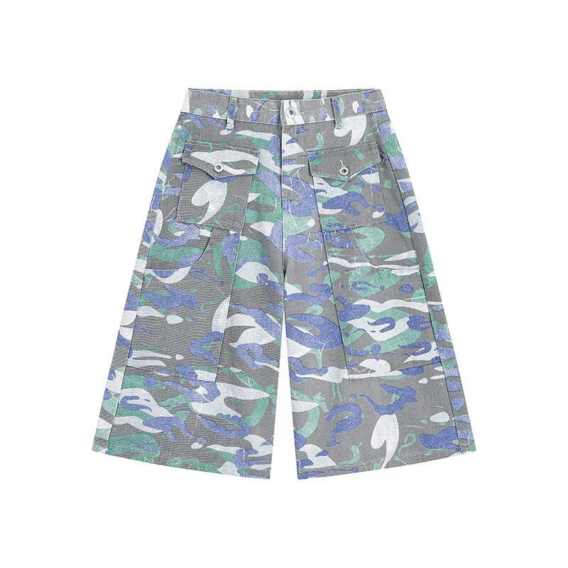 Men's camouflage colour cotton denim cropped workwear trousers with a straight leg and zipper fly.