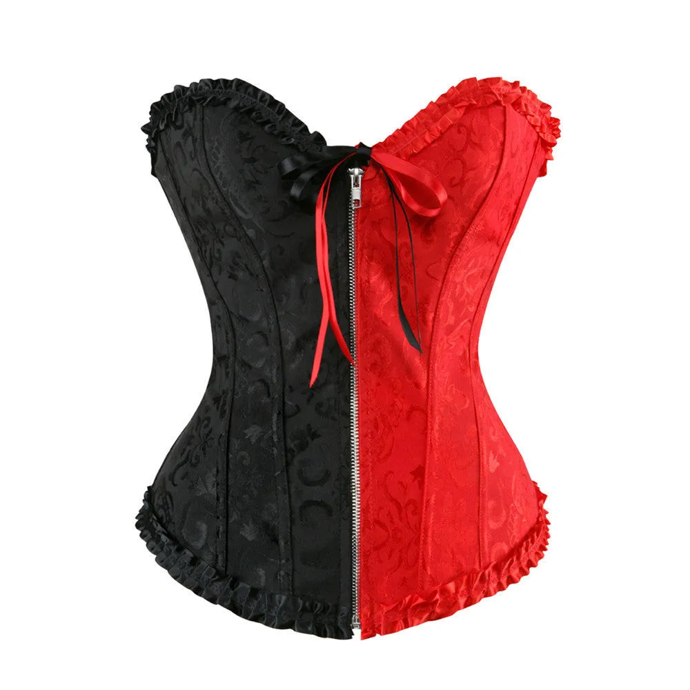Women's black jacquard corset with a front vertical zip closure, shown on a mannequin.