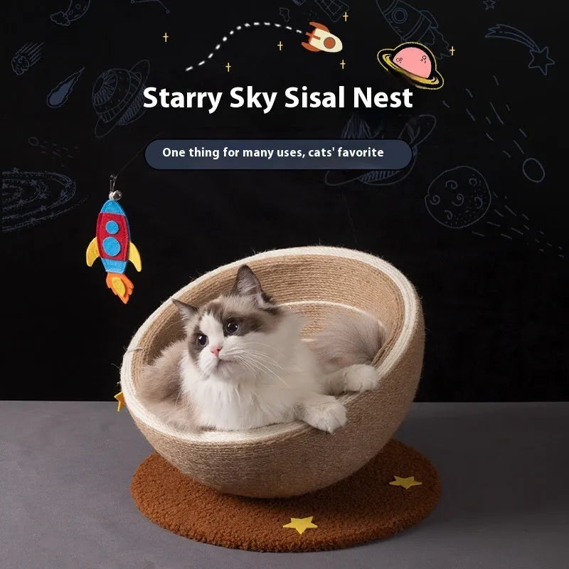 Large integrated cat scratching basin and nest with sisal rope scratching surface and flannel bed in starlight pattern