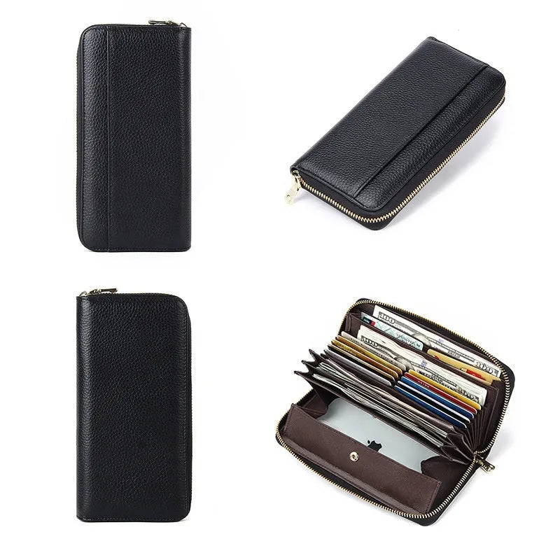 Long genuine leather women's wallet in six colour options showing large capacity and card organisation