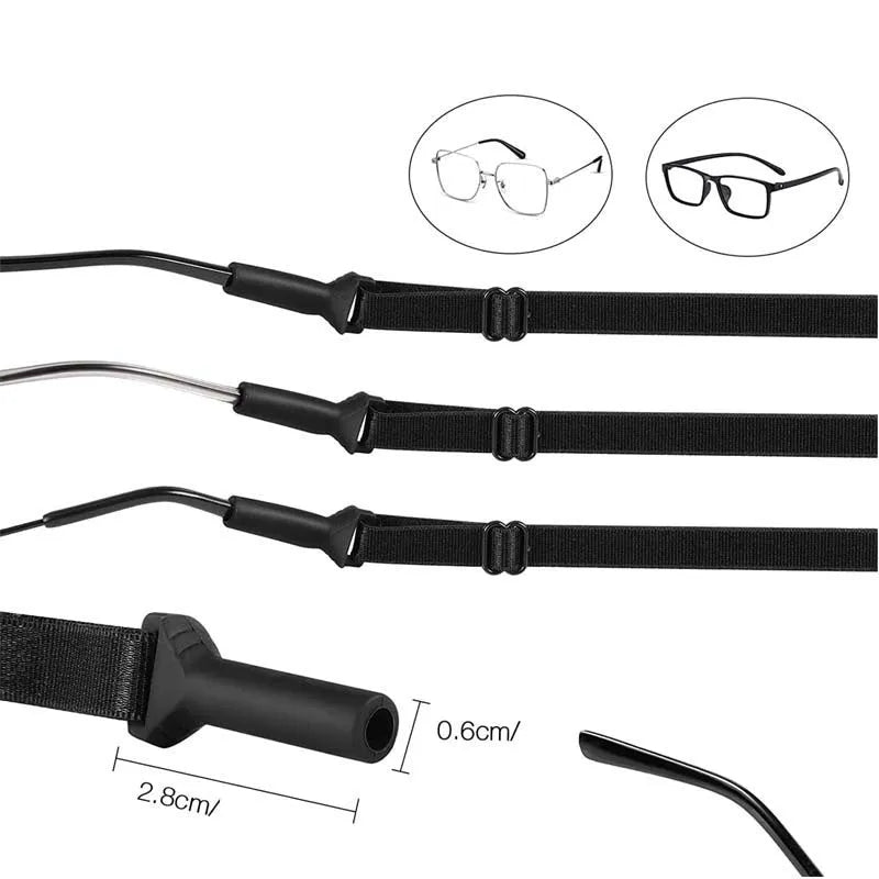 Black adjustable glasses cord with silicone earpieces for anti-slip eyewear retention