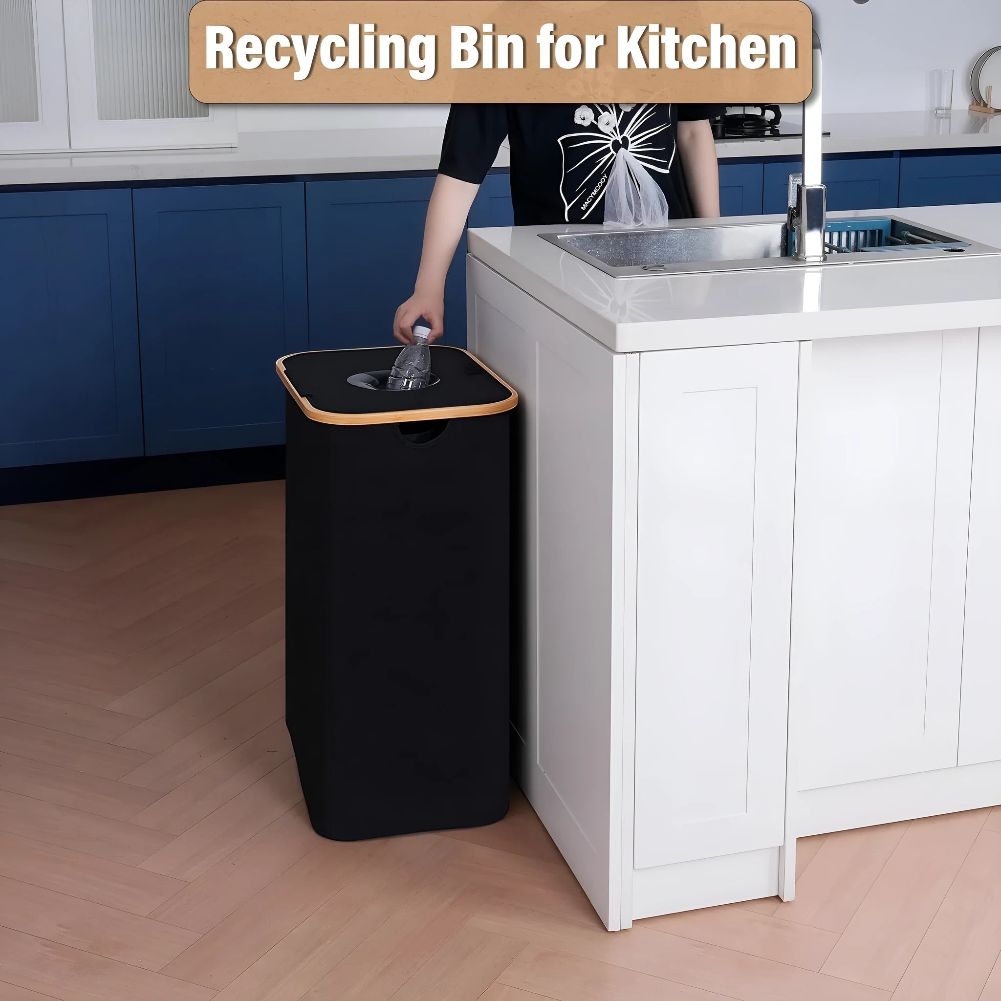 Black bamboo storage basket with lid and removable double inner Oxford cloth bag for laundry