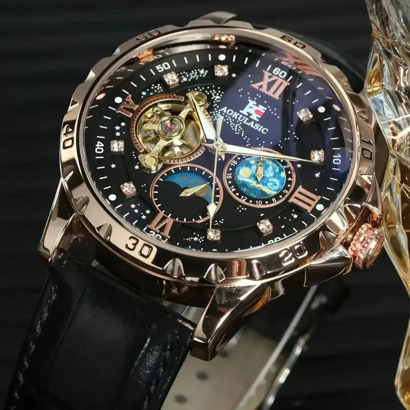 Men's automatic watch with black hollow dial, rose gold case, and leather strap
