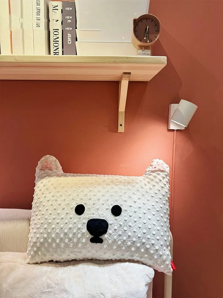 Grey and white West Highland puppy design dog pillow on a sofa, showing soft fabric and 50cm size.
